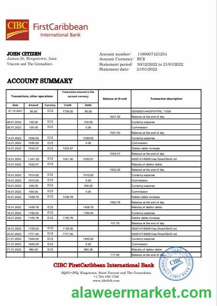 Saint Vincent and The Grenadines First Caribbean International Bank statement template in Excel and PDF format